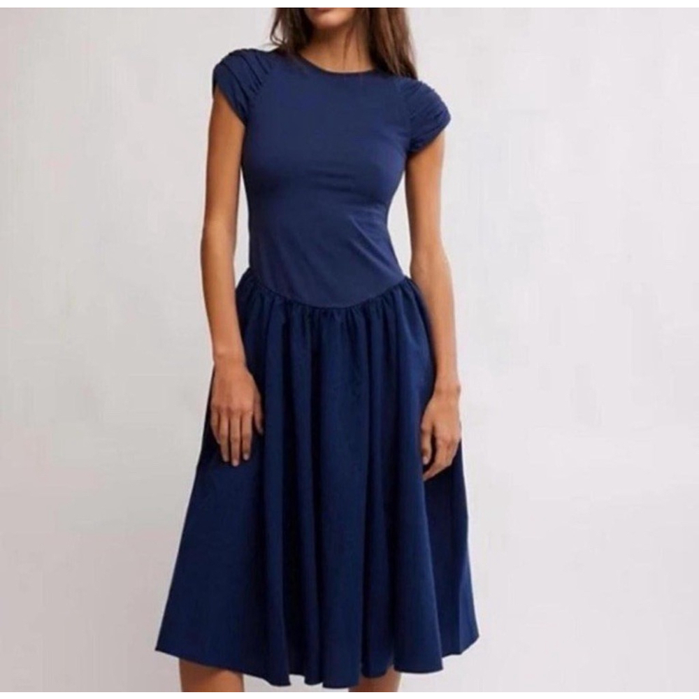 Free People Afternoon Elegance Midi Dress Indigo Pura Drop Waist Stretch XL Navy